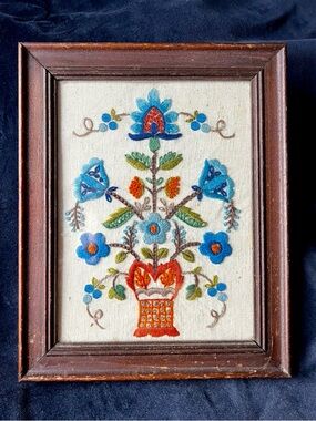 Vintage Crewel Embroidery, Floral Wall Art